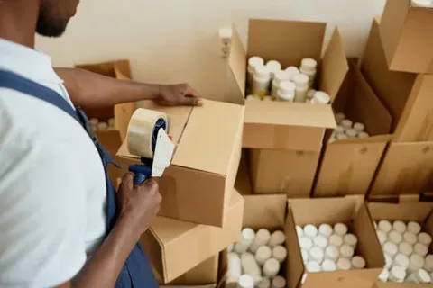 A professional mover sealing a cardboard box with a tape dispenser gun during professional Packing and Unpacking Services